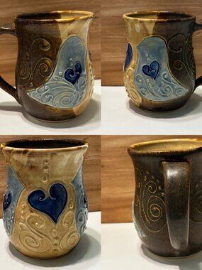 Studio Pottery Love Blue Birds Heart Mug Cup Glaze Handcrafted Signed
